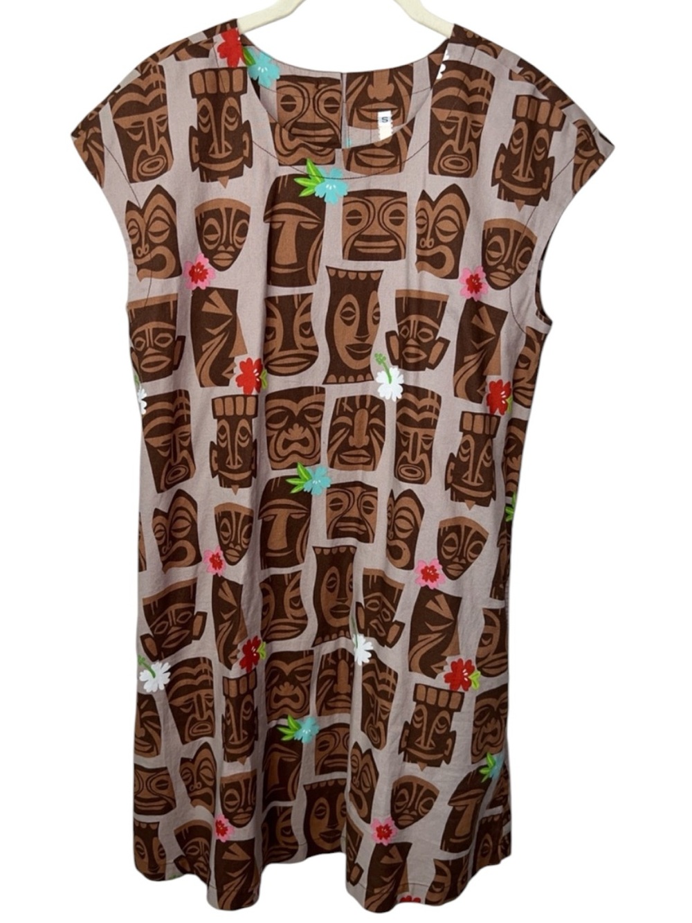 Uncle Frank Tiki Dress Brown Tribal Mask Floral Hawaiian Retro Aloha Size S